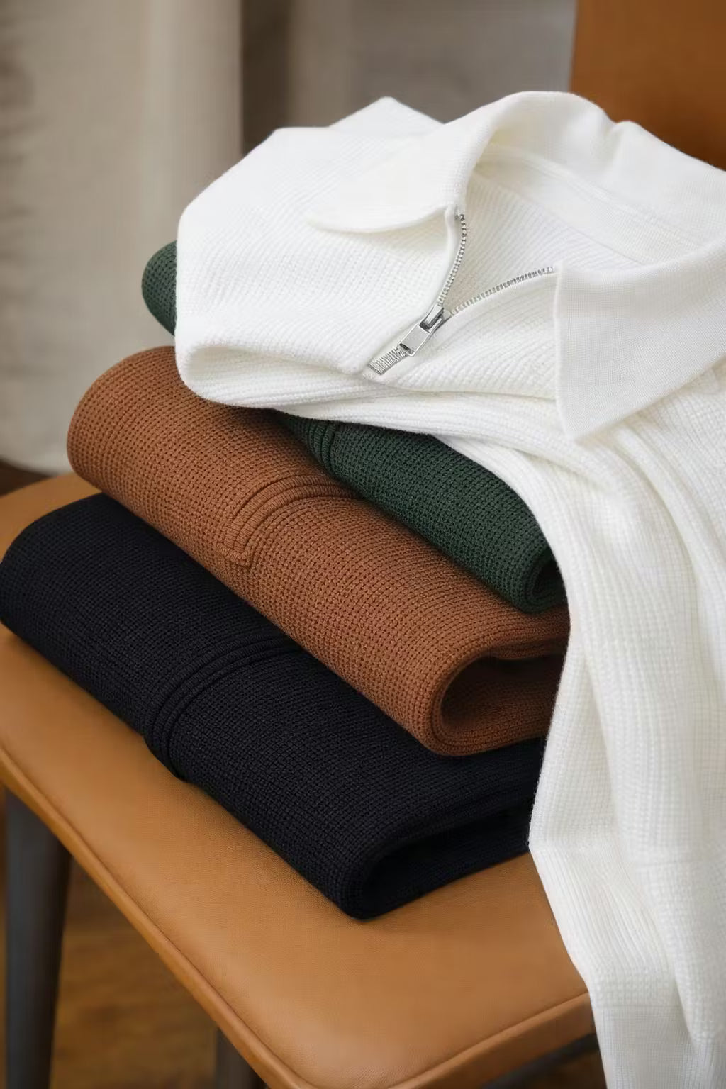 Waffle Knit Half-Zip Collared Sweater