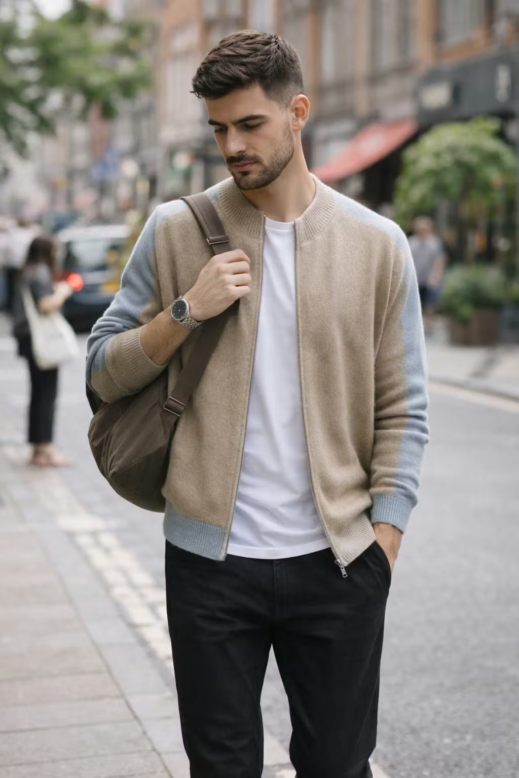 Contrast Trim Zip-Up Knit Cardigan