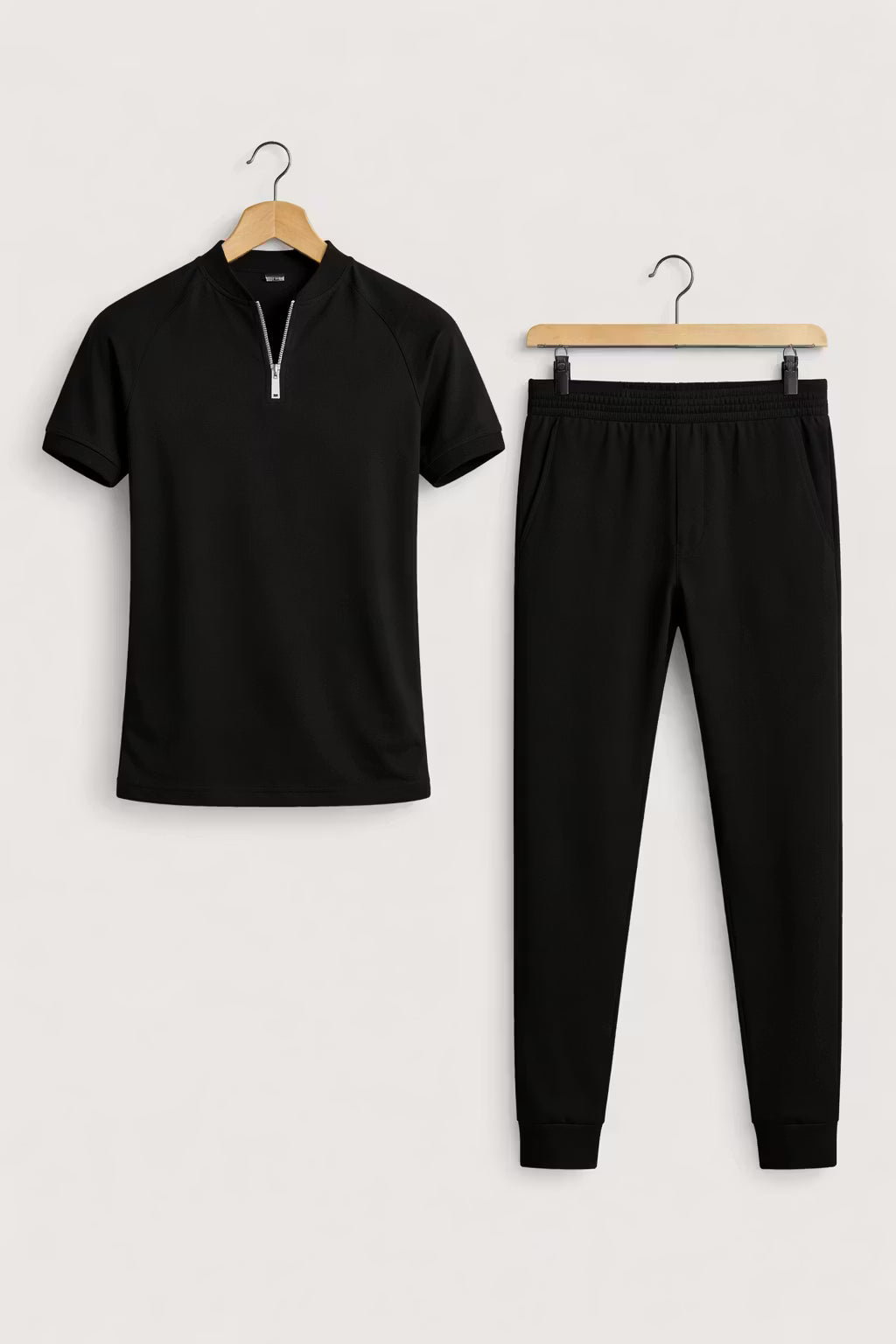 Zip Collar Short Sleeve Top and Slim Trousers Set