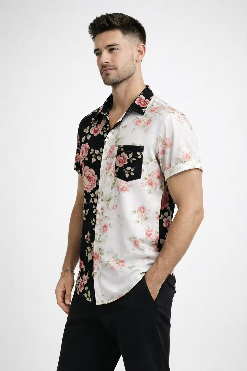 Split Bloom Print Button Shirt