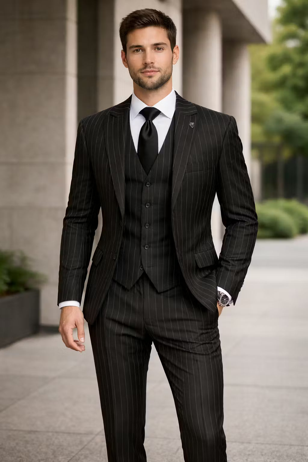 Men’s Black Pinstripe Three Piece Suit With Jacket Vest And Trousers