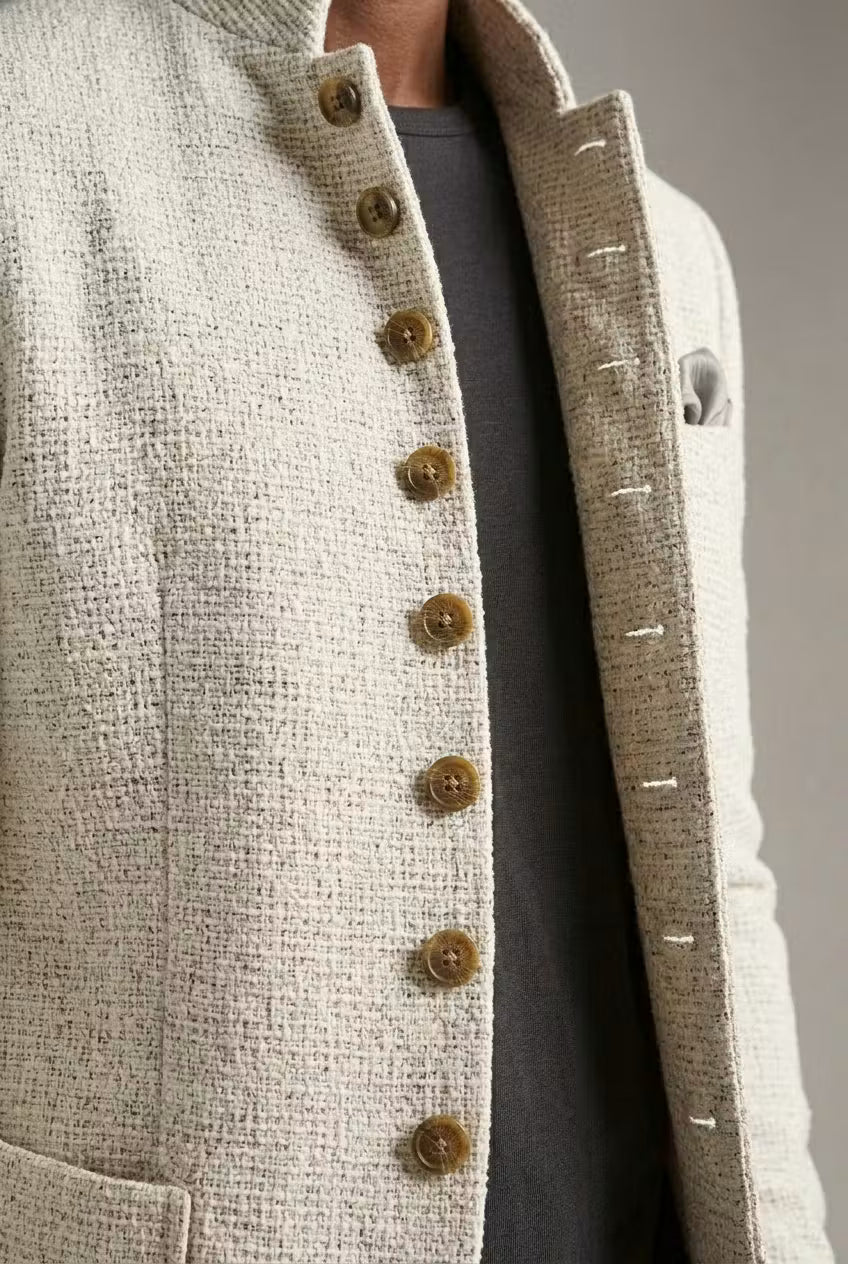 Ivory Textured Mandarin Collar Blazer