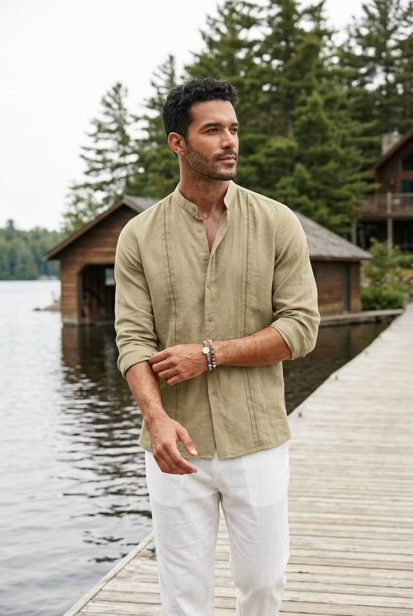Textured Mandarin Collar Button Shirt