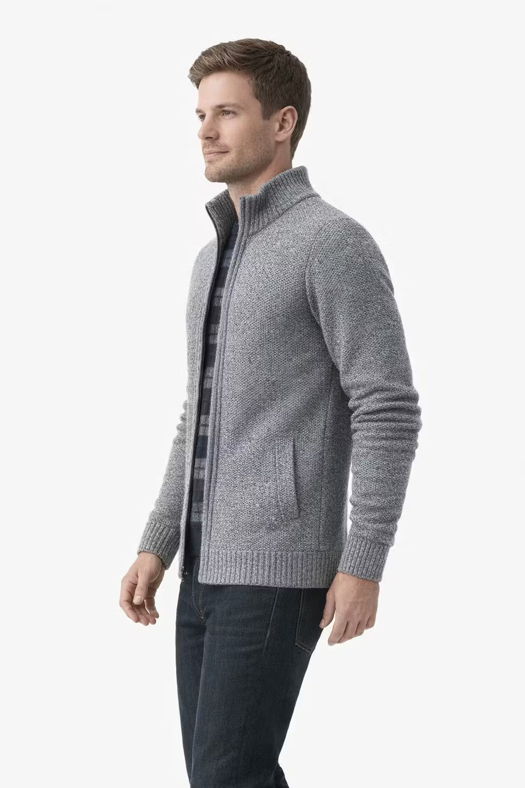 Textured Knit Zip-Up Stand Collar Jacket
