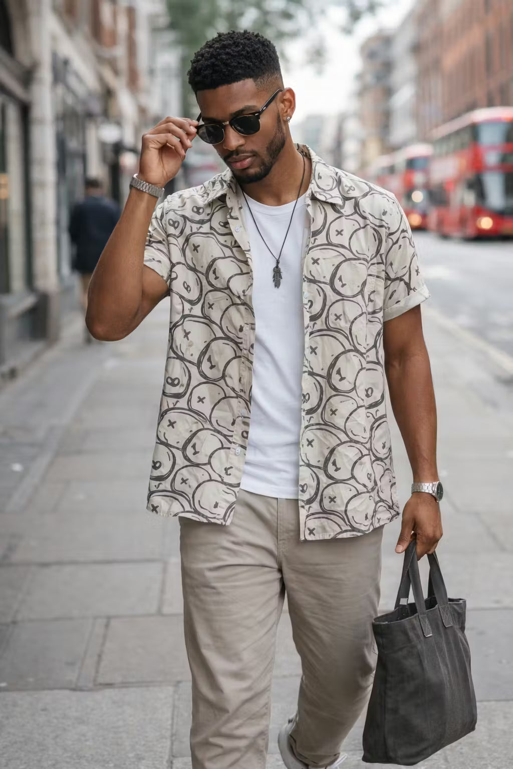 Graphic Smiley Print Short Sleeve Button Shirt
