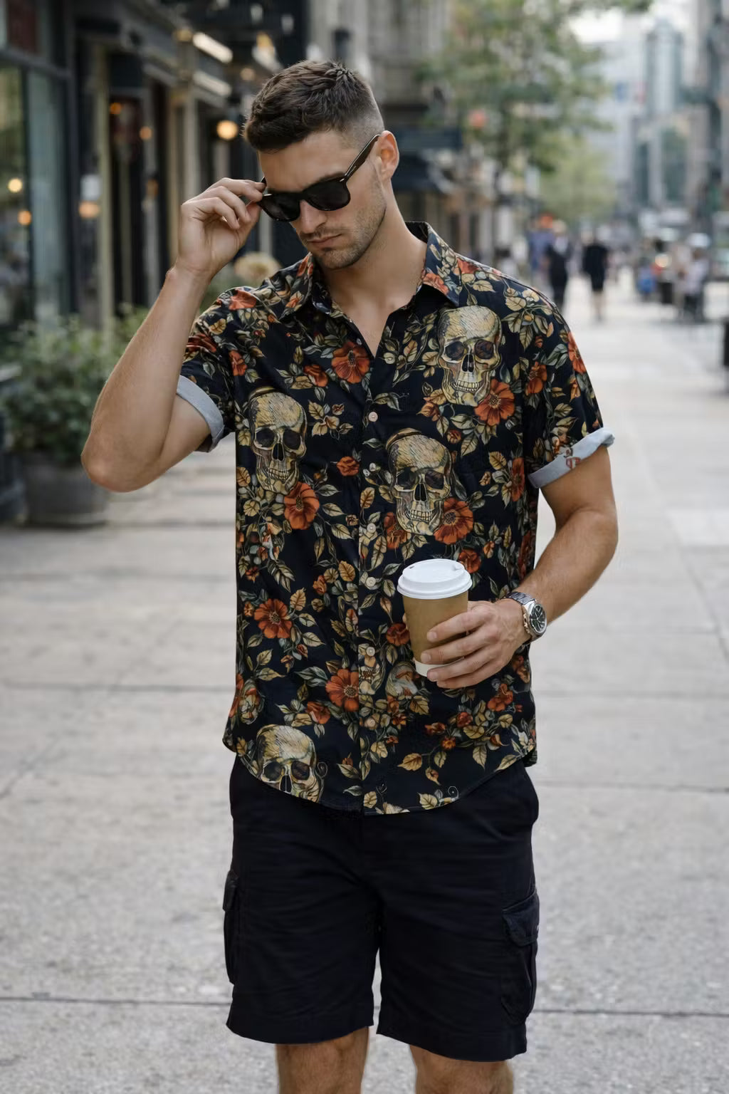 Floral Skull Print Short Sleeve Button Shirt