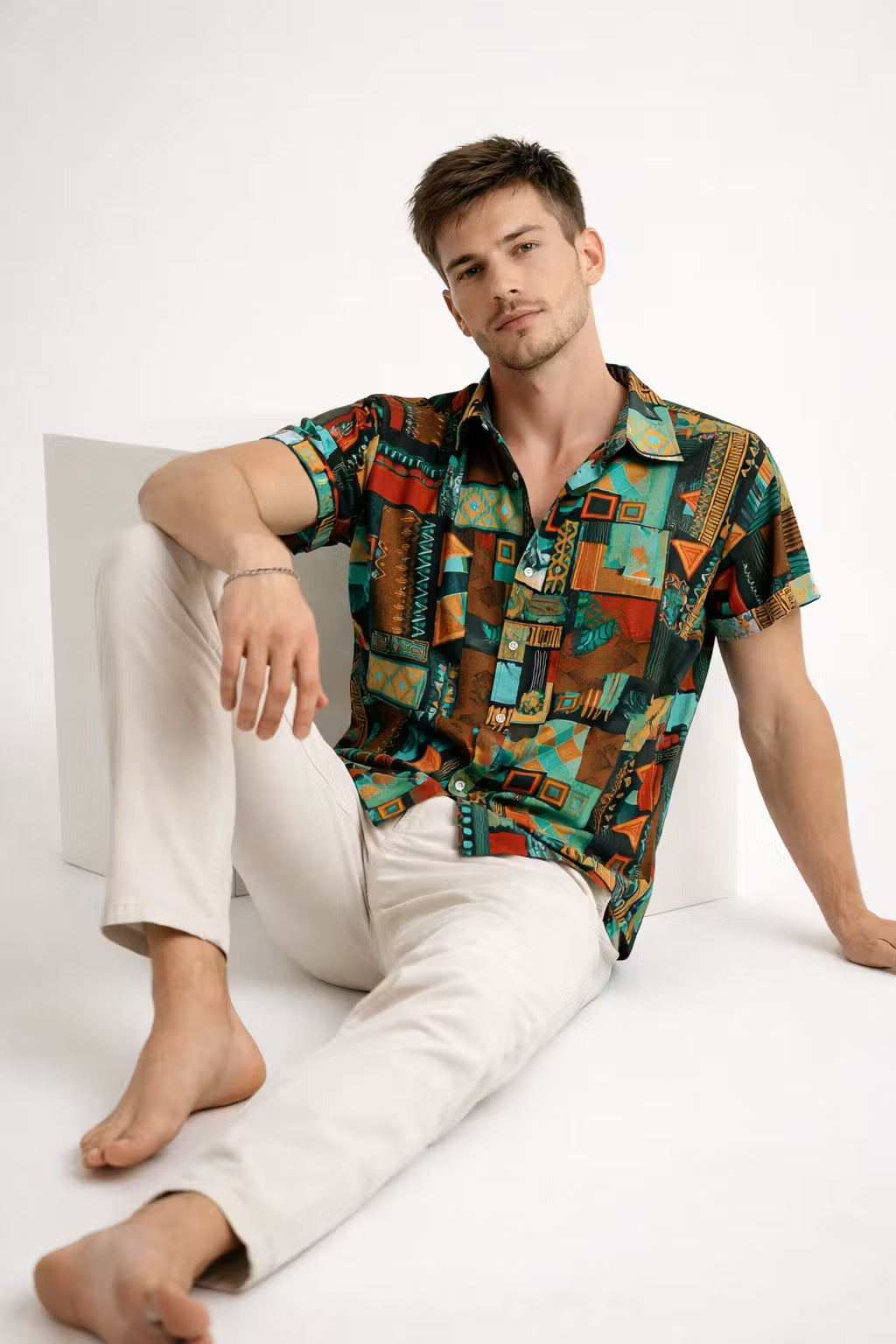 Geometric Tribal Print Short Sleeve Button Shirt