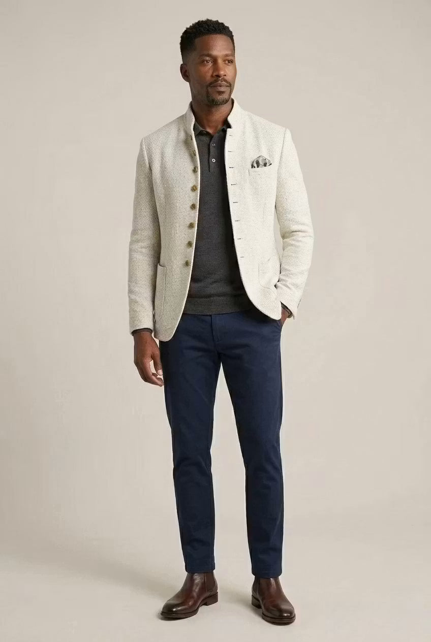 Ivory Textured Mandarin Collar Blazer
