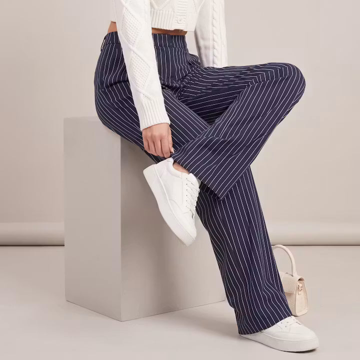 Marin Krijtstreep broek met wijde pijpen