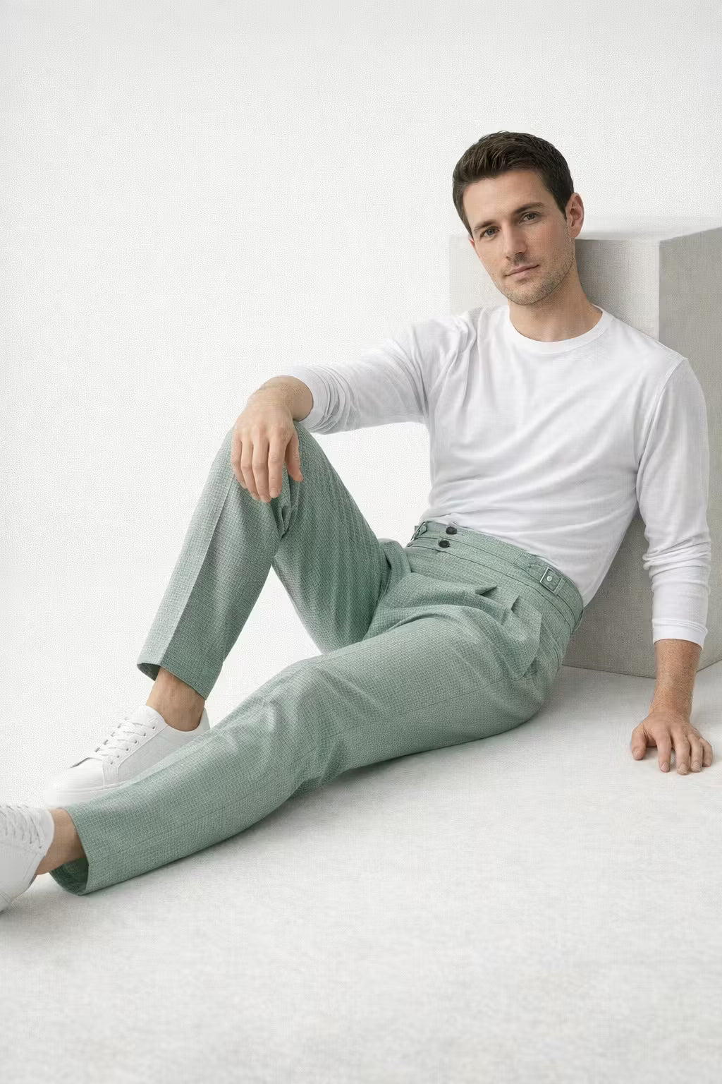 Waffle Texture High-Waist Pleated Trousers