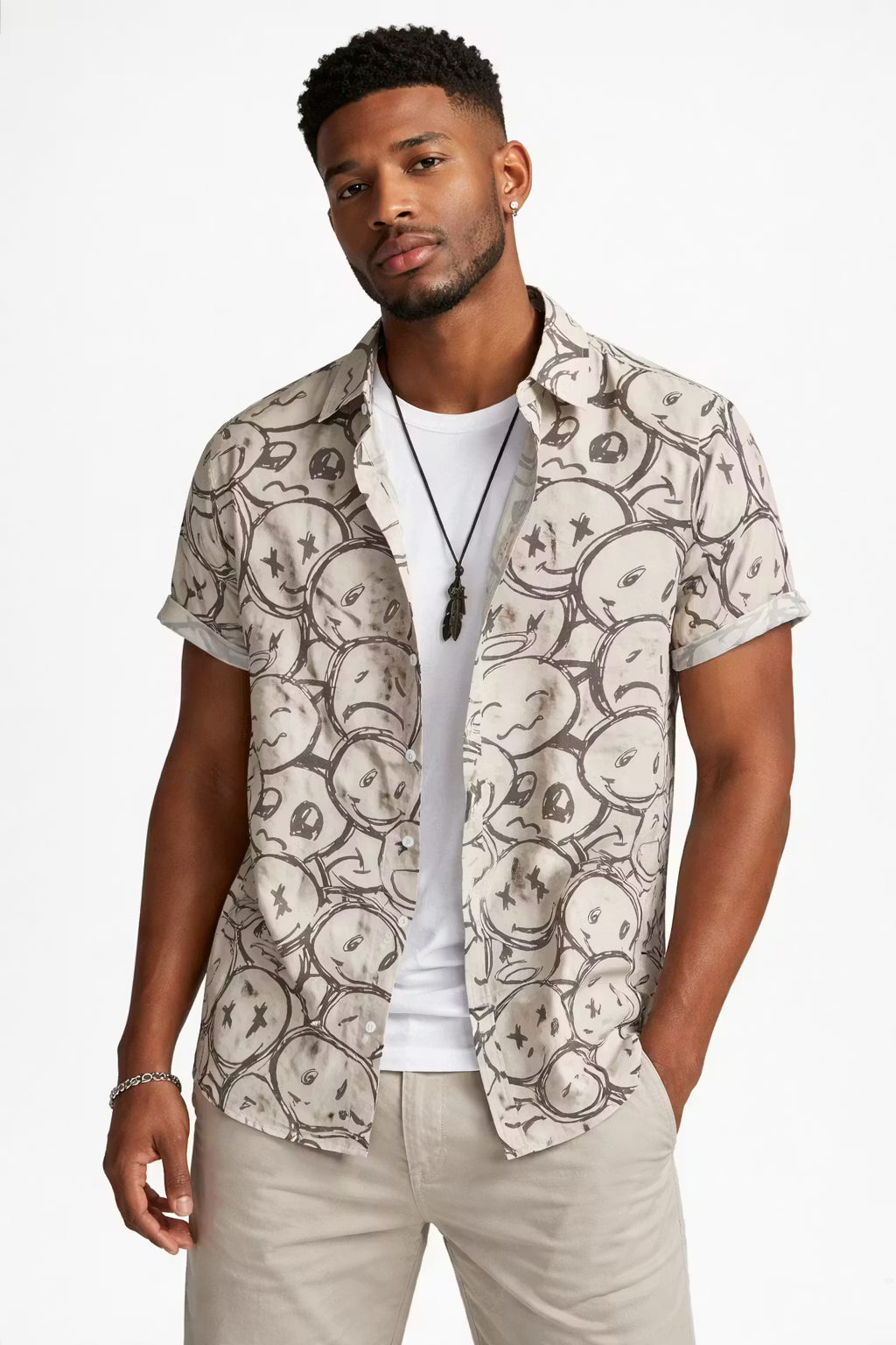 Graphic Smiley Print Short Sleeve Button Shirt