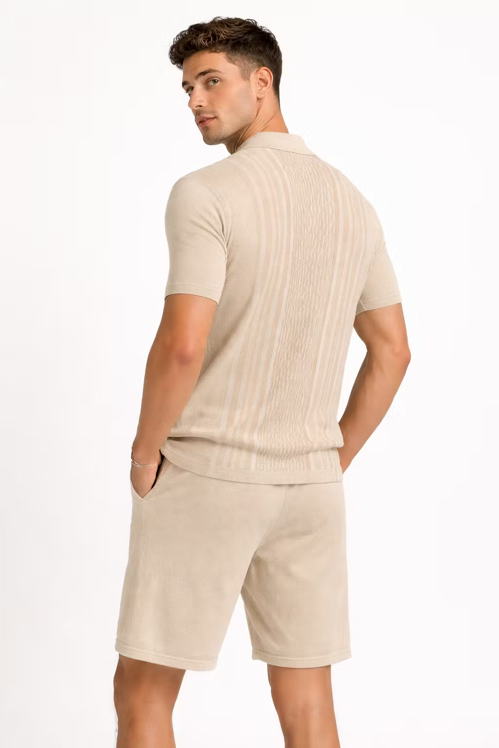 Vertical Stripe Textured Knit Button Shirt