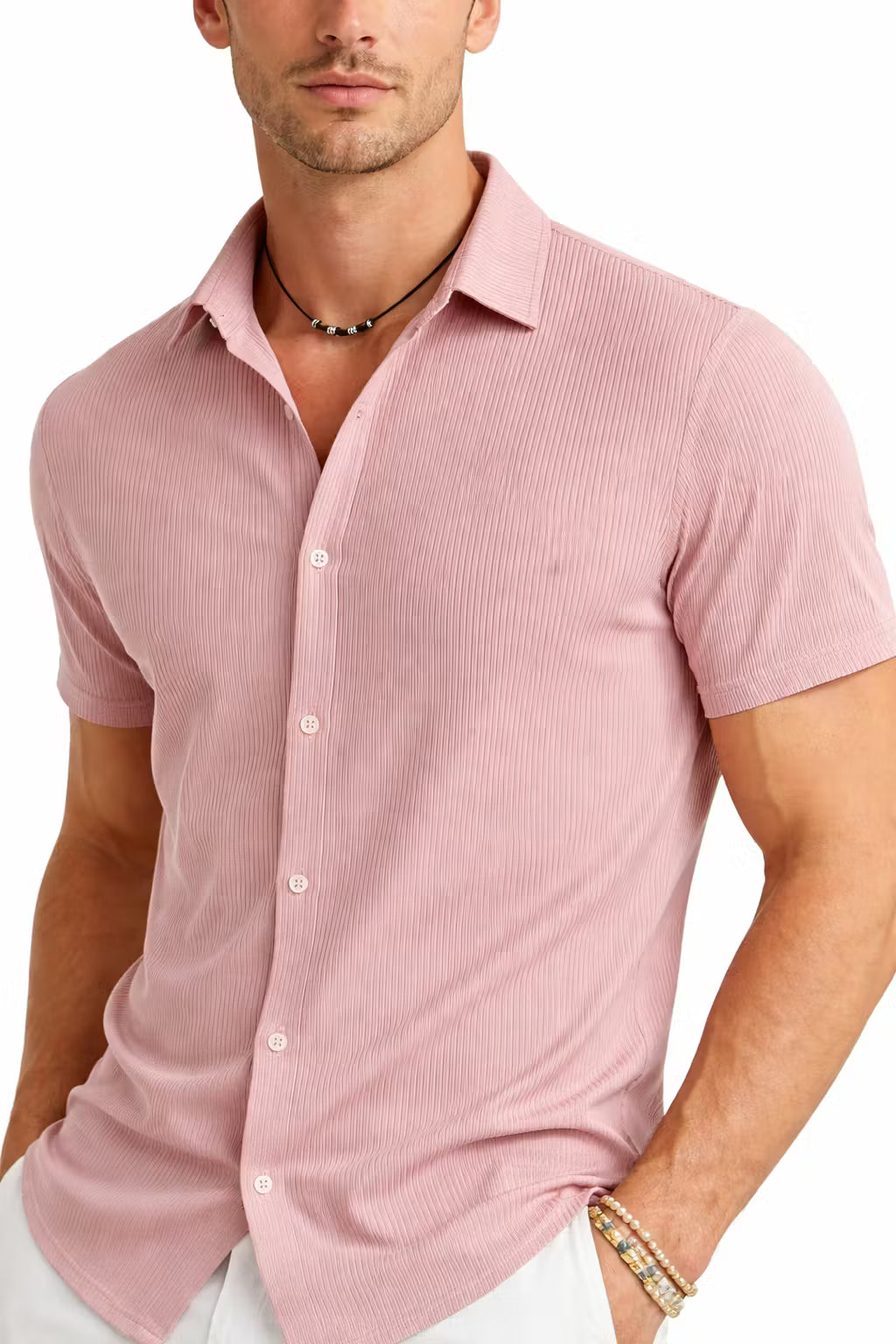 Vertical Textured Short Sleeve Button Shirt