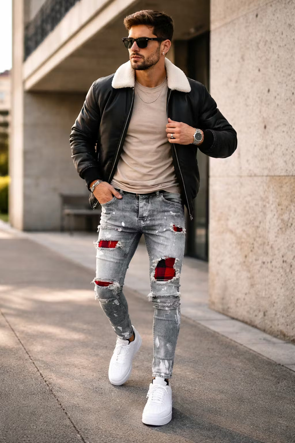 Grey Distressed Patch Jeans