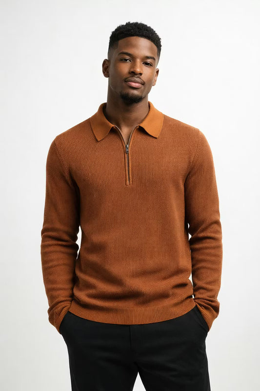 Waffle Knit Half-Zip Collared Sweater