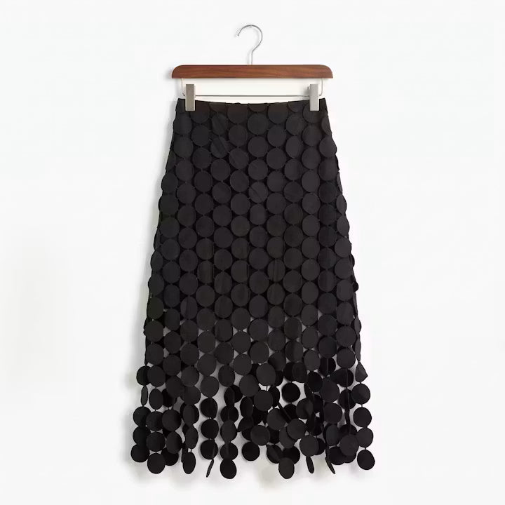 Celeste midi-rok met schijfvormige franjes