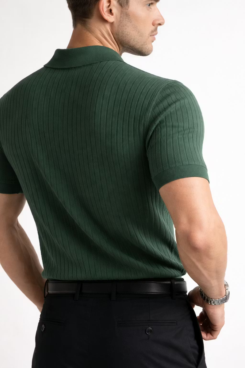 Ribbed Knit Short Sleeve Polo Shirt