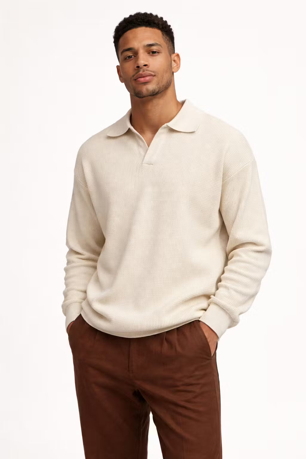 Textured Waffle Knit Johnny Collar Polo Sweater