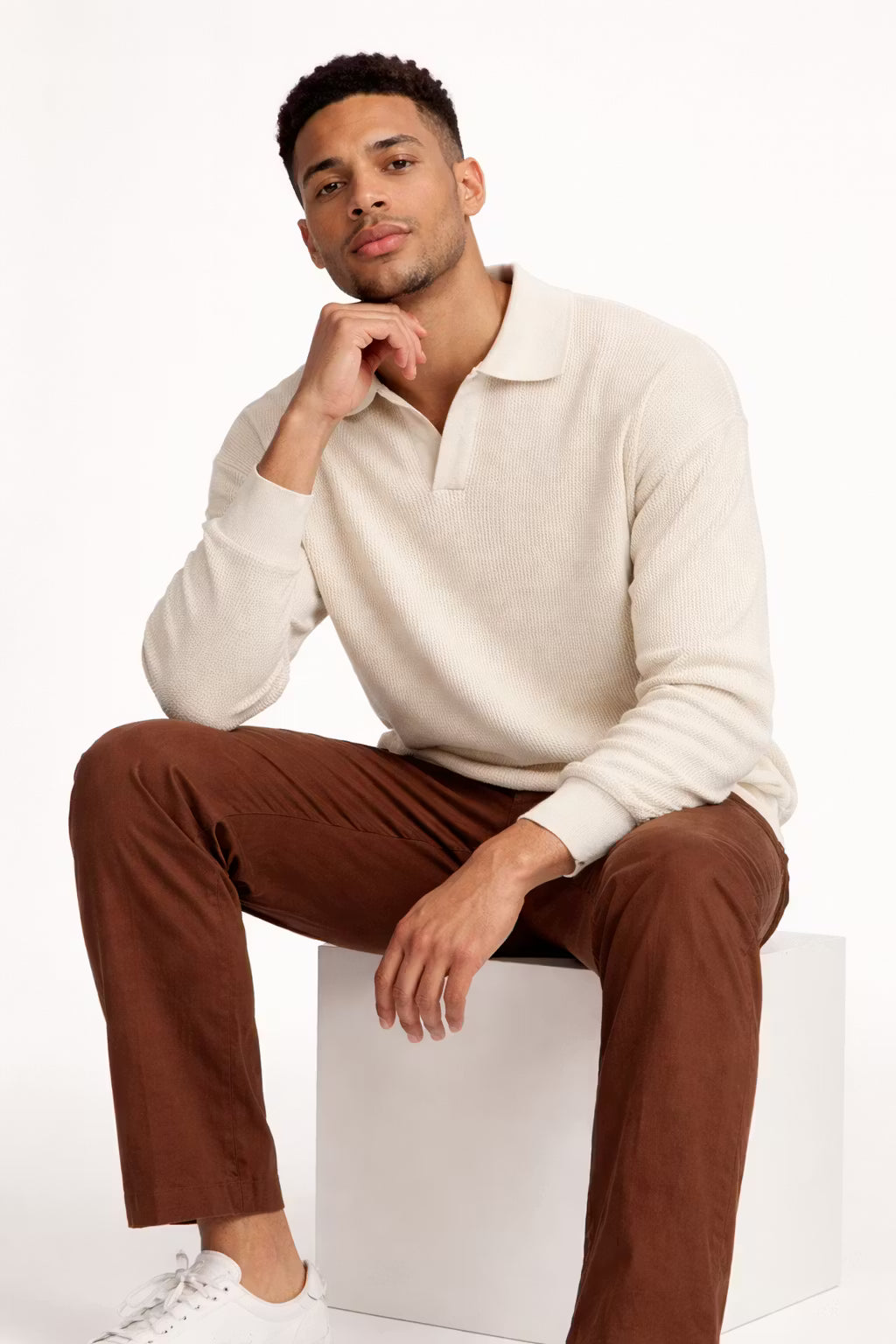 Textured Waffle Knit Johnny Collar Polo Sweater