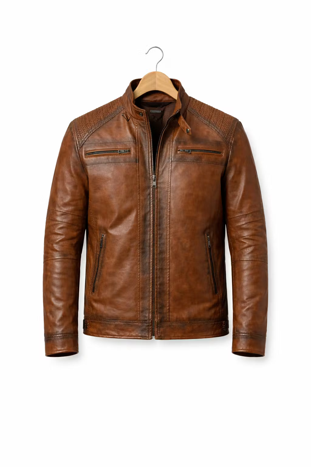 Men’s Brown Coated Textile Zip Jacket with Structured Seam Detailing High Collar