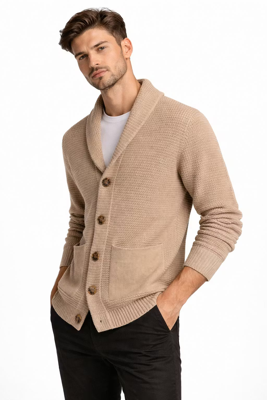 Waffle Knit 5-Button Cardigan