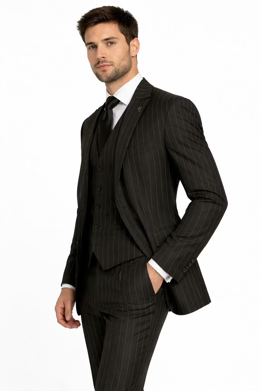 Men’s Black Pinstripe Three Piece Suit With Jacket Vest And Trousers