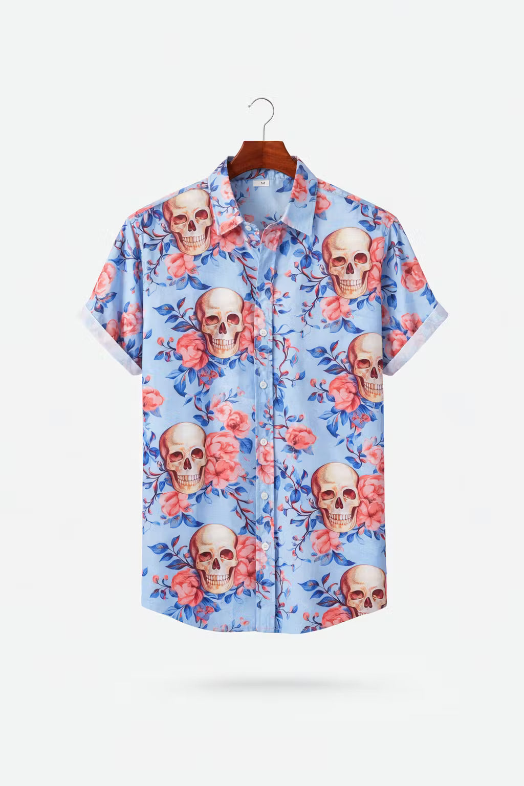 Floral Skull Print Short Sleeve Button Shirt