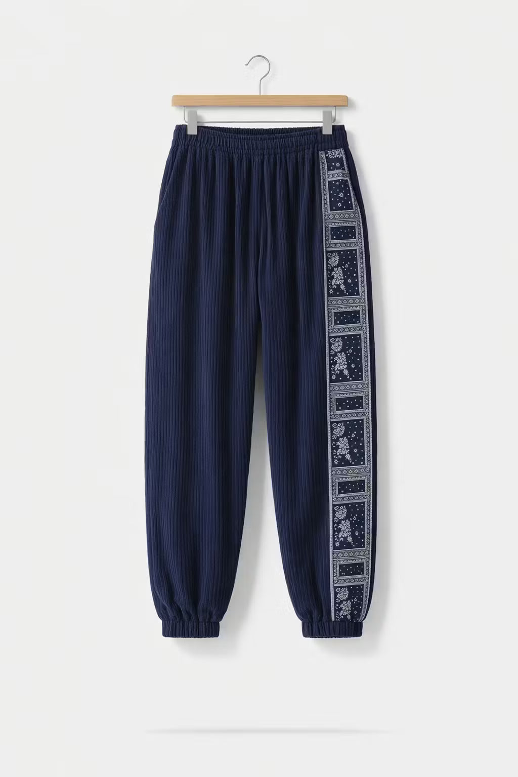 Textured Corduroy Drawstring Trousers with Pattern Panel