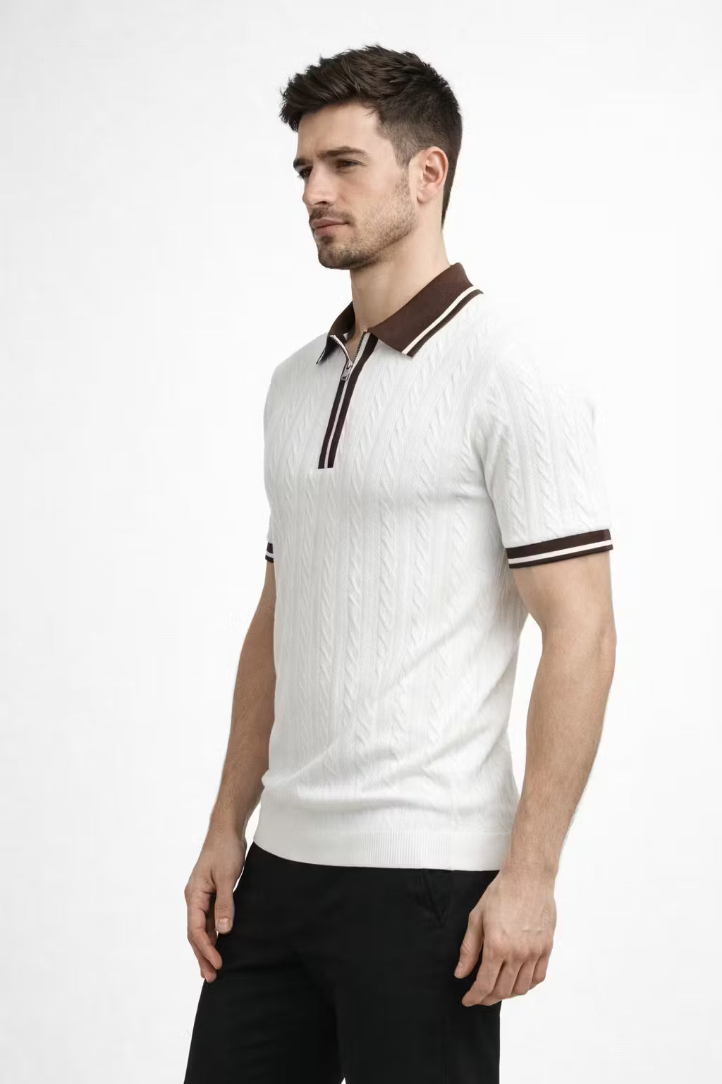 Textured Knit Zip Collar Polo Shirt