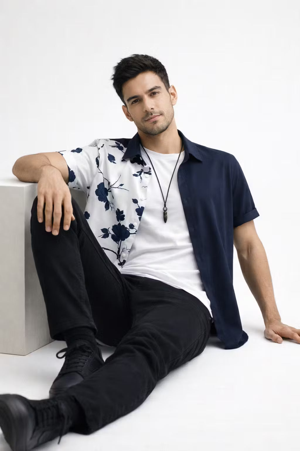 Dual Panel Floral Print Short Sleeve Button Shirt