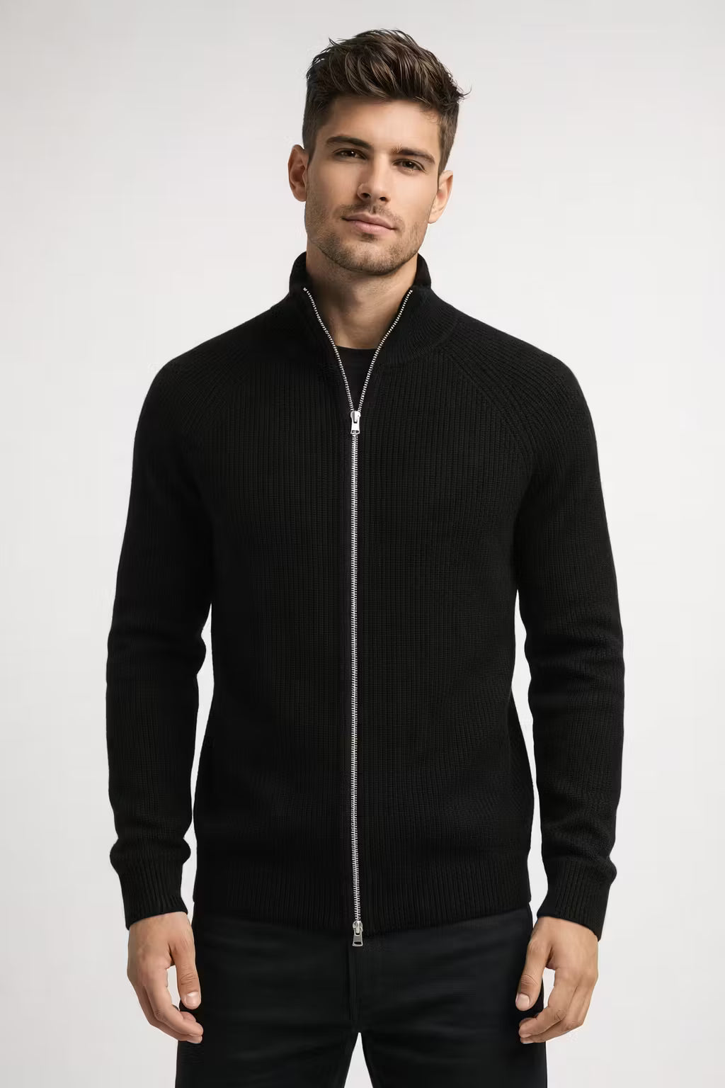 Ribbed Knit Zip-Up Cardigan