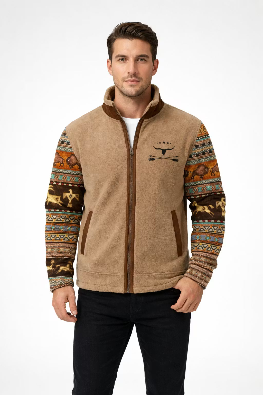 Men’s Fleece-Lined Zip Jacket With Patterned Sleeves