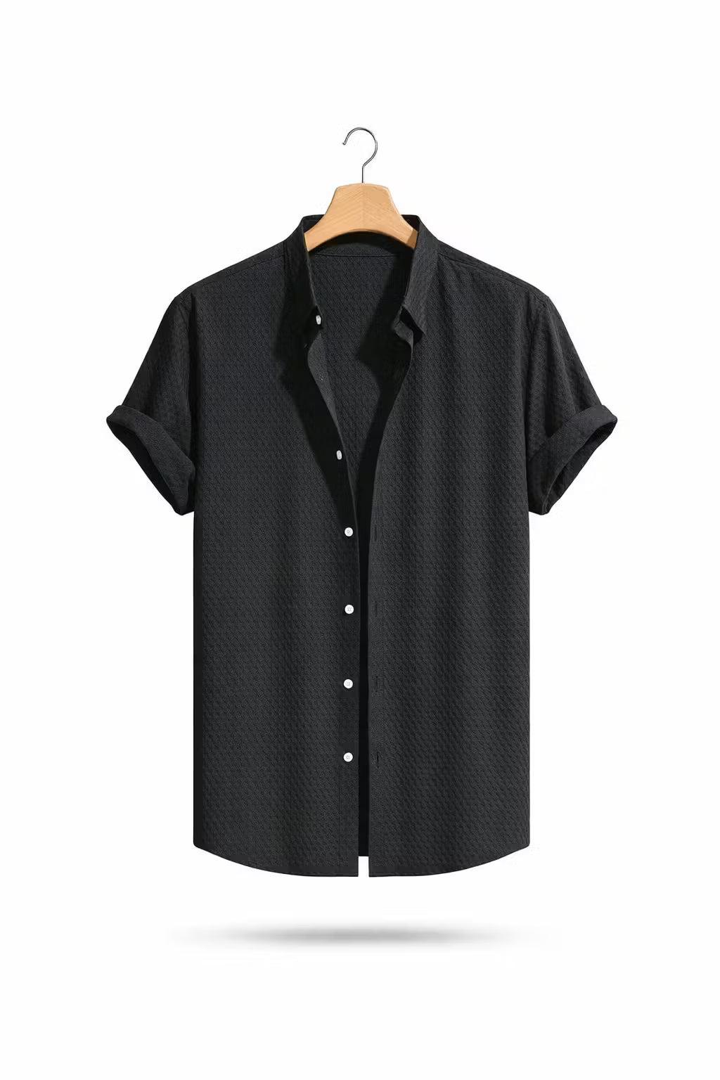 Textured Waffle Stand Collar Short Sleeve Shirt