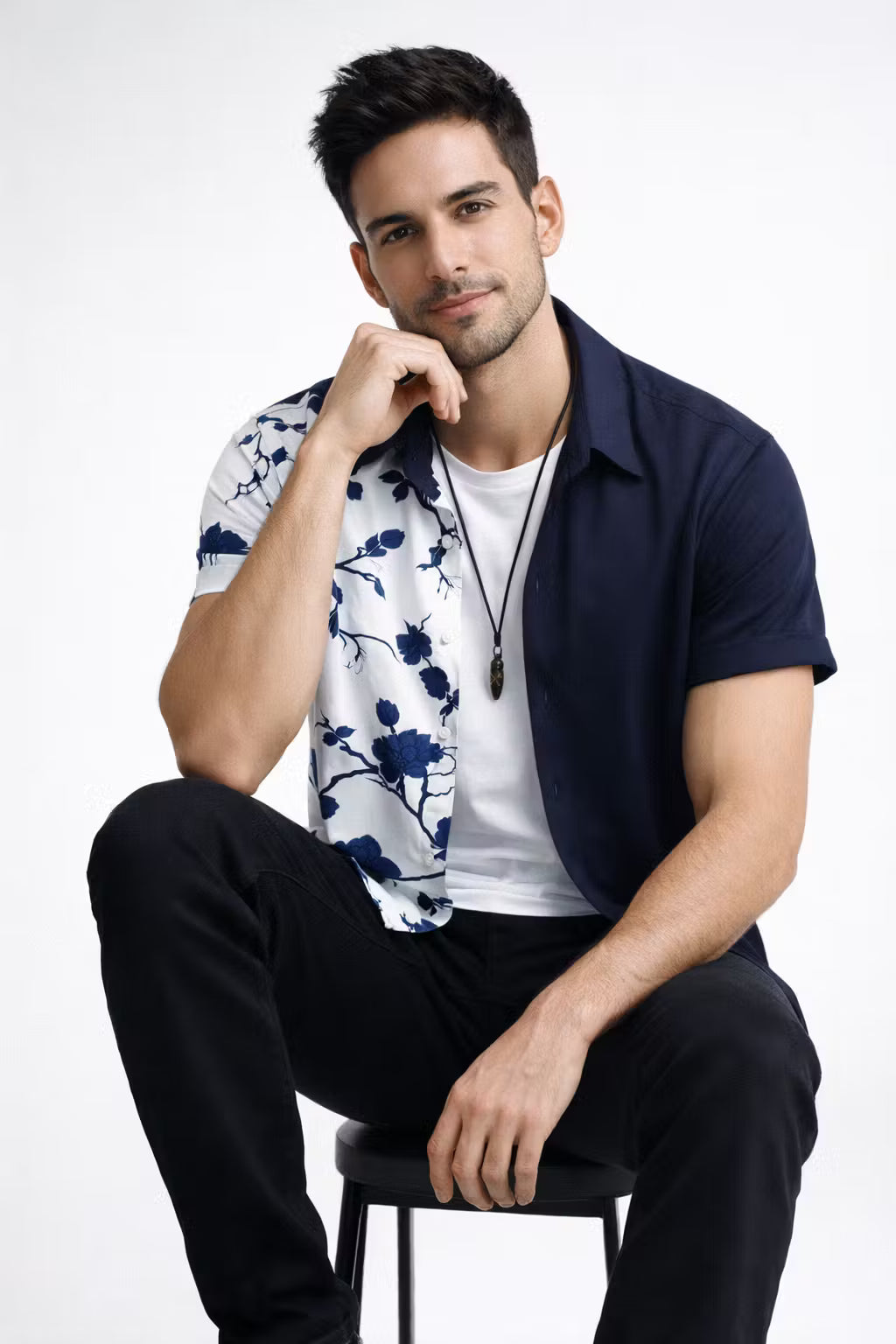 Dual Panel Floral Print Short Sleeve Button Shirt