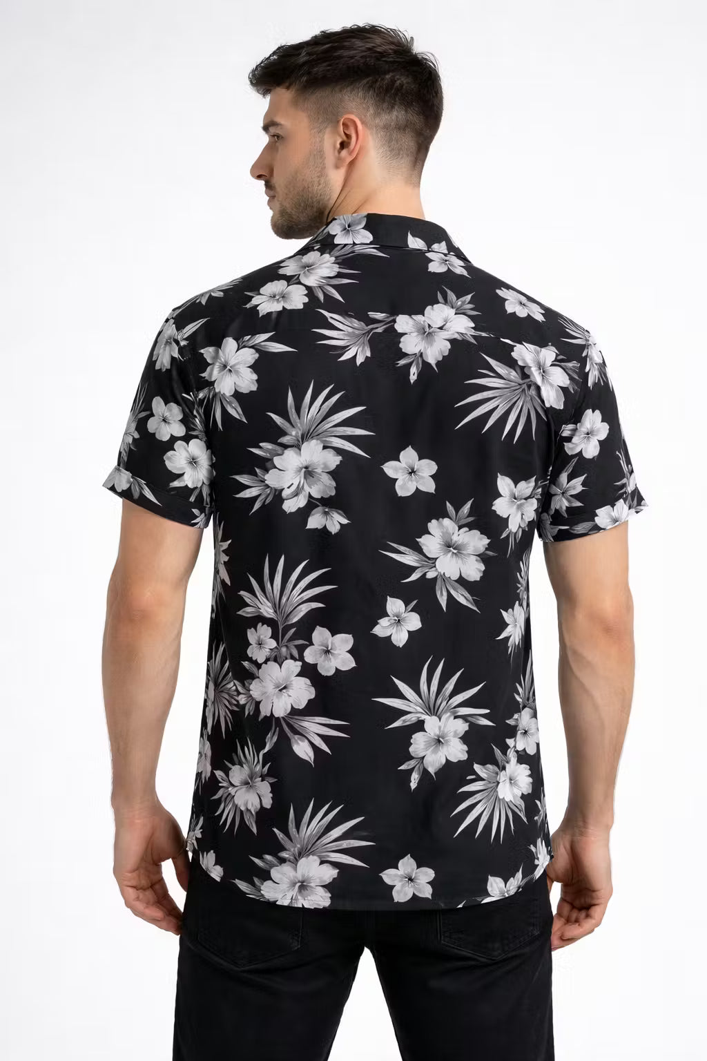 Monochrome Floral Print Short Sleeve Button Shirt