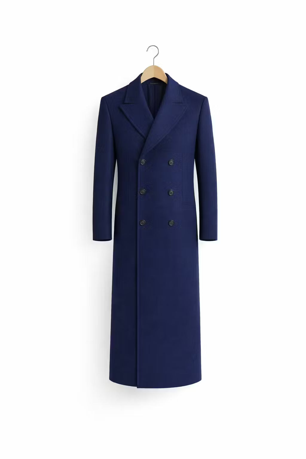 Men’s Navy Long Length Coat With Button Front Notched Collar