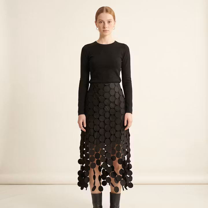Celeste midi-rok met schijfvormige franjes