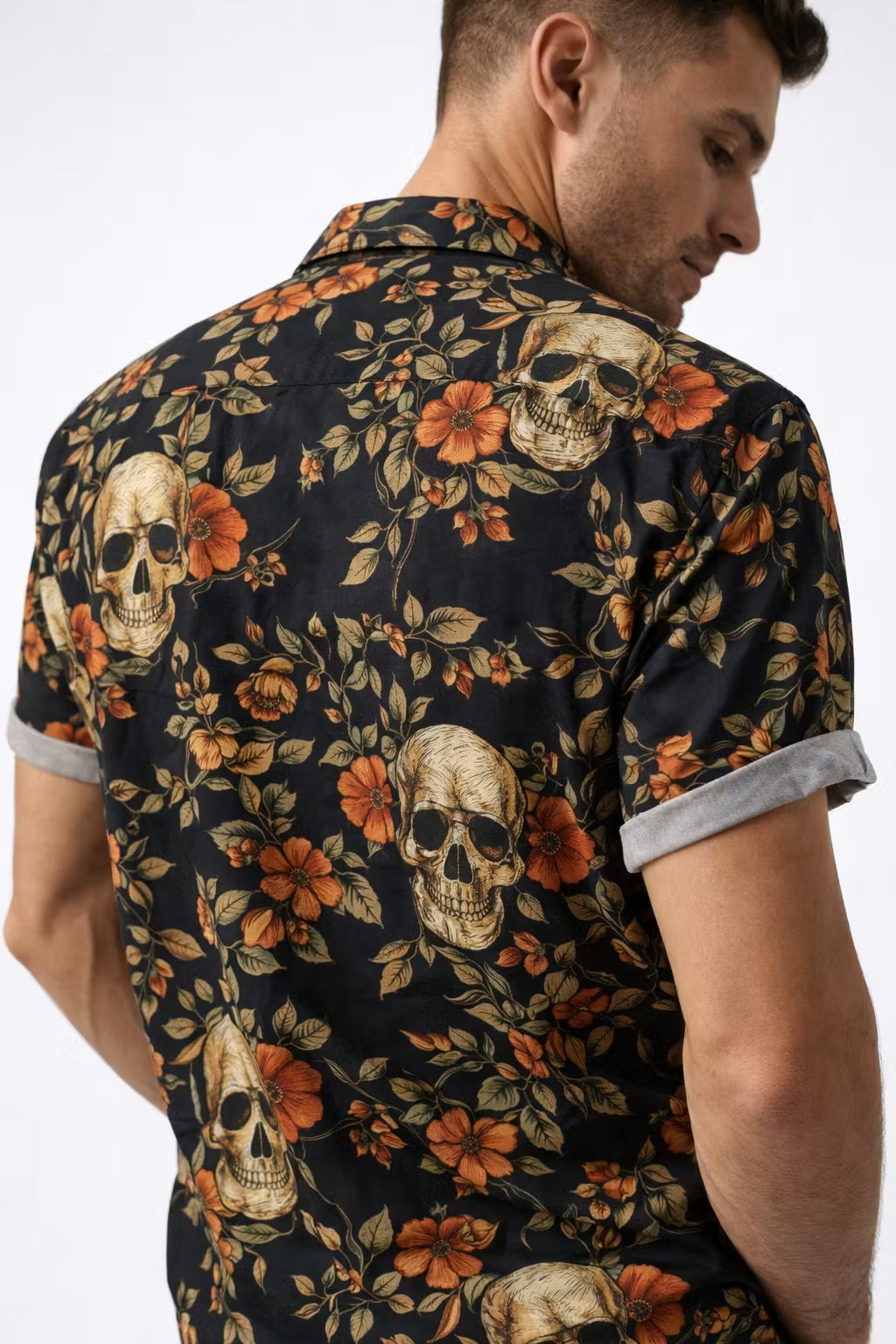 Floral Skull Print Short Sleeve Button Shirt