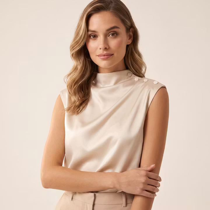 Celine Mouwloze Top met Knoopkraag