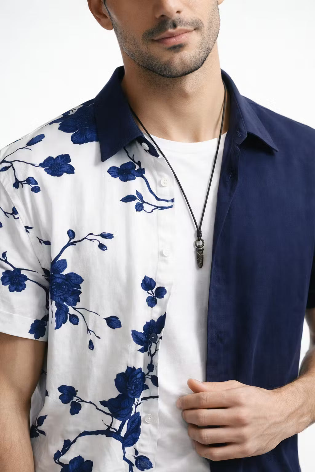 Dual Panel Floral Print Short Sleeve Button Shirt