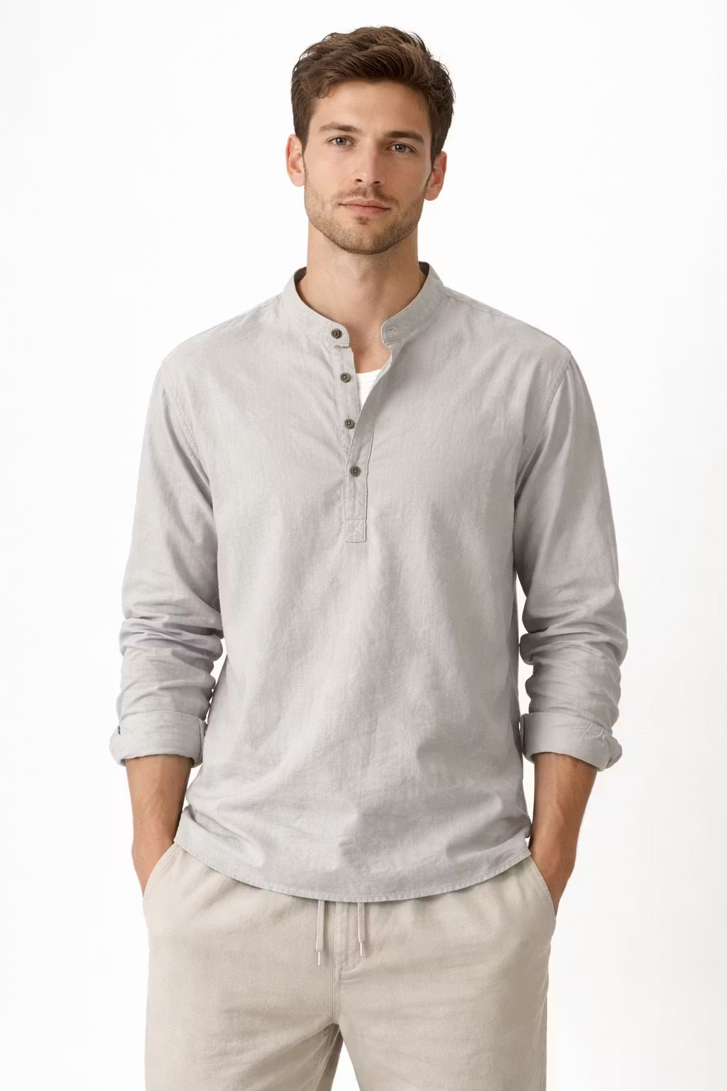 Men’s Linen Home Long Sleeve Henley Shirt