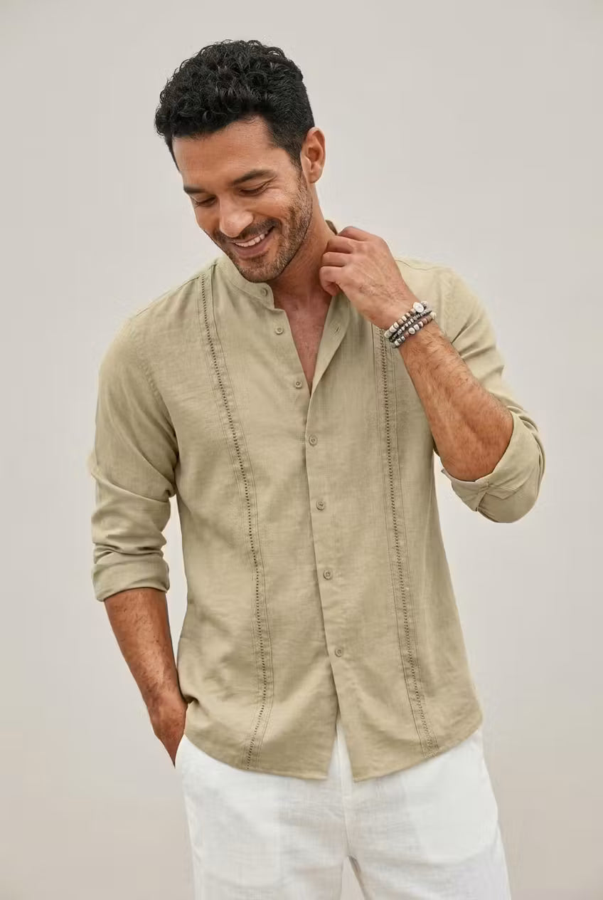 Textured Mandarin Collar Button Shirt