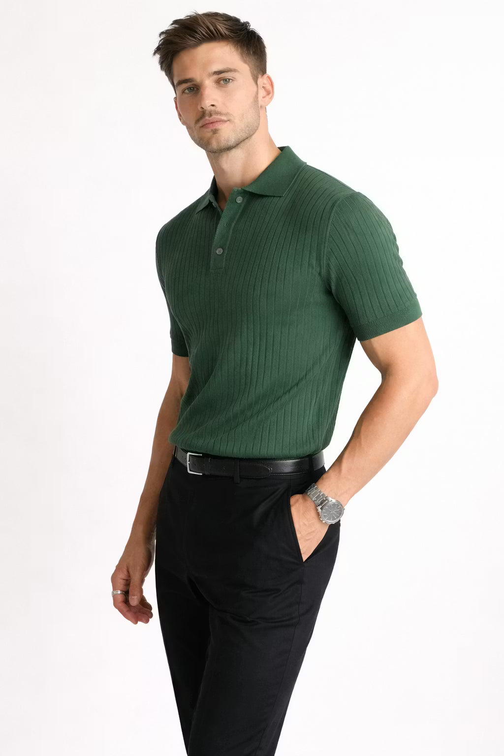 Ribbed Knit Short Sleeve Polo Shirt