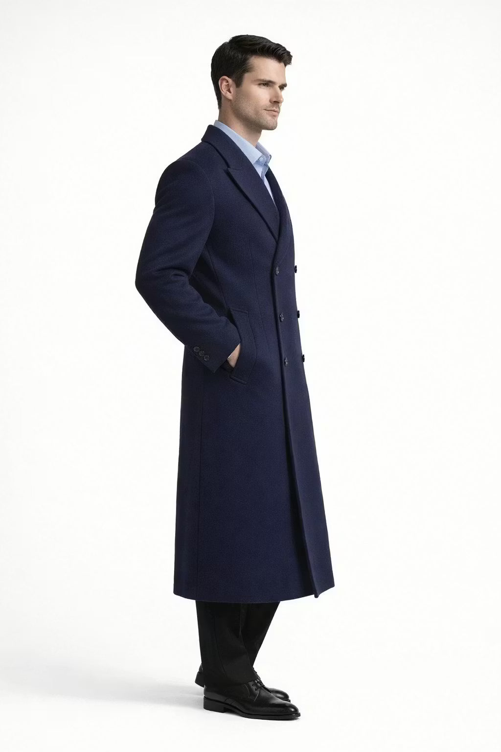 Men’s Navy Long Length Coat With Button Front Notched Collar