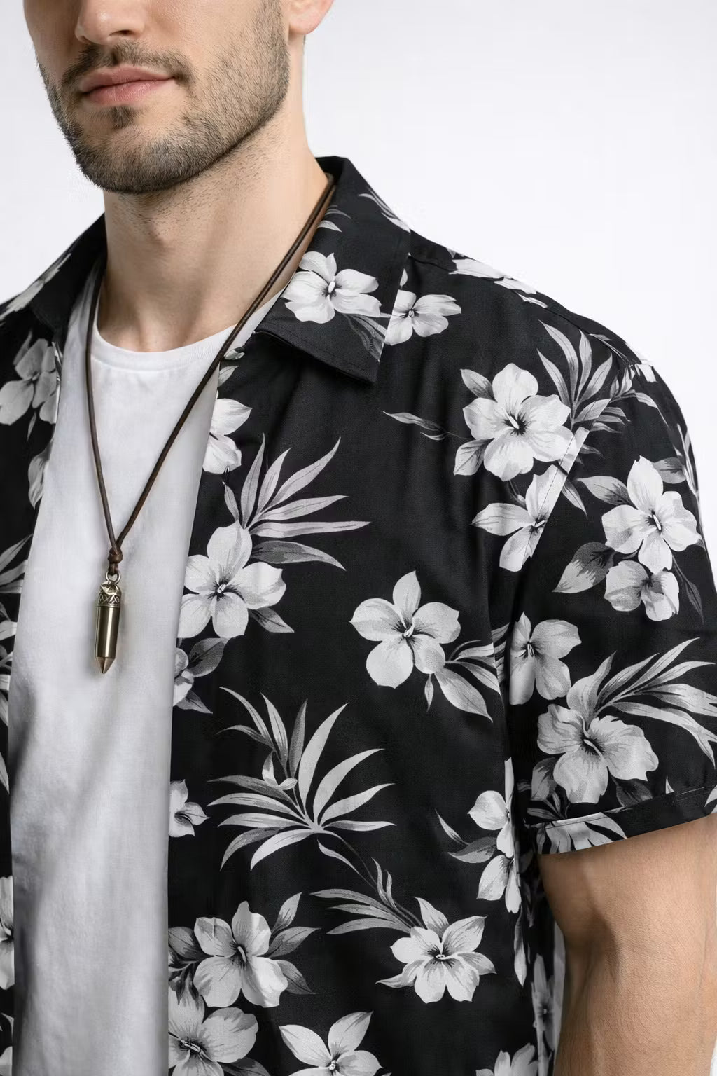 Monochrome Floral Print Short Sleeve Button Shirt