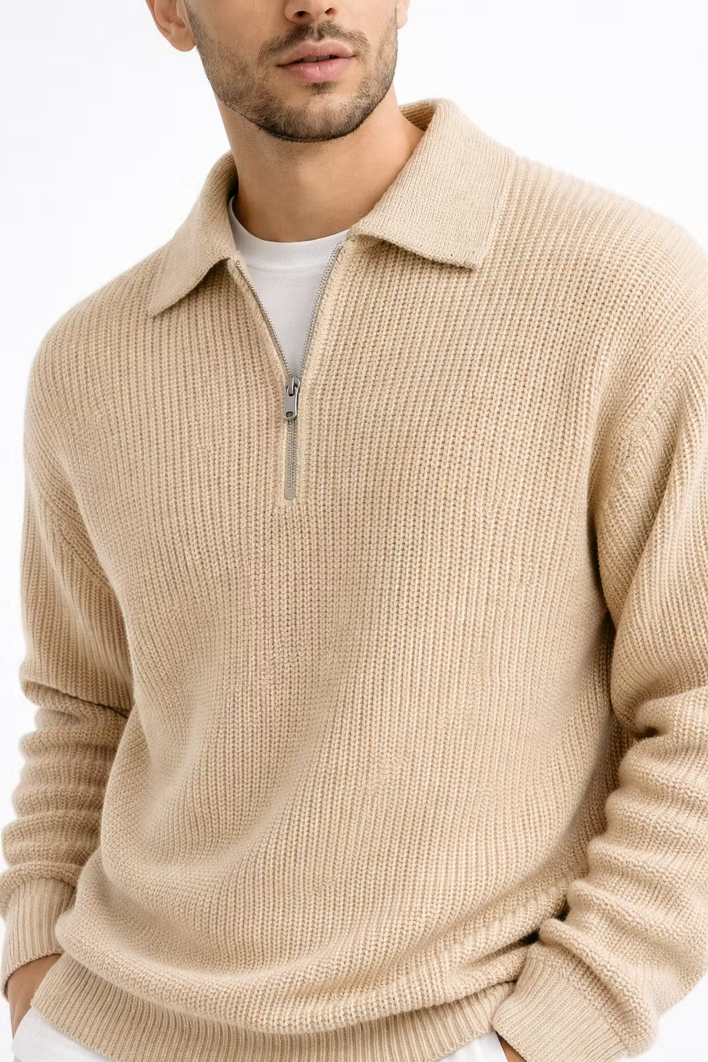 Rib Knit Half-Zip Collared Sweater