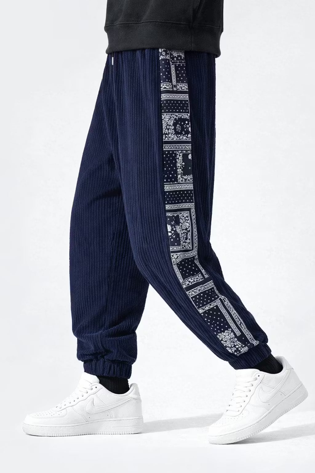 Textured Corduroy Drawstring Trousers with Pattern Panel
