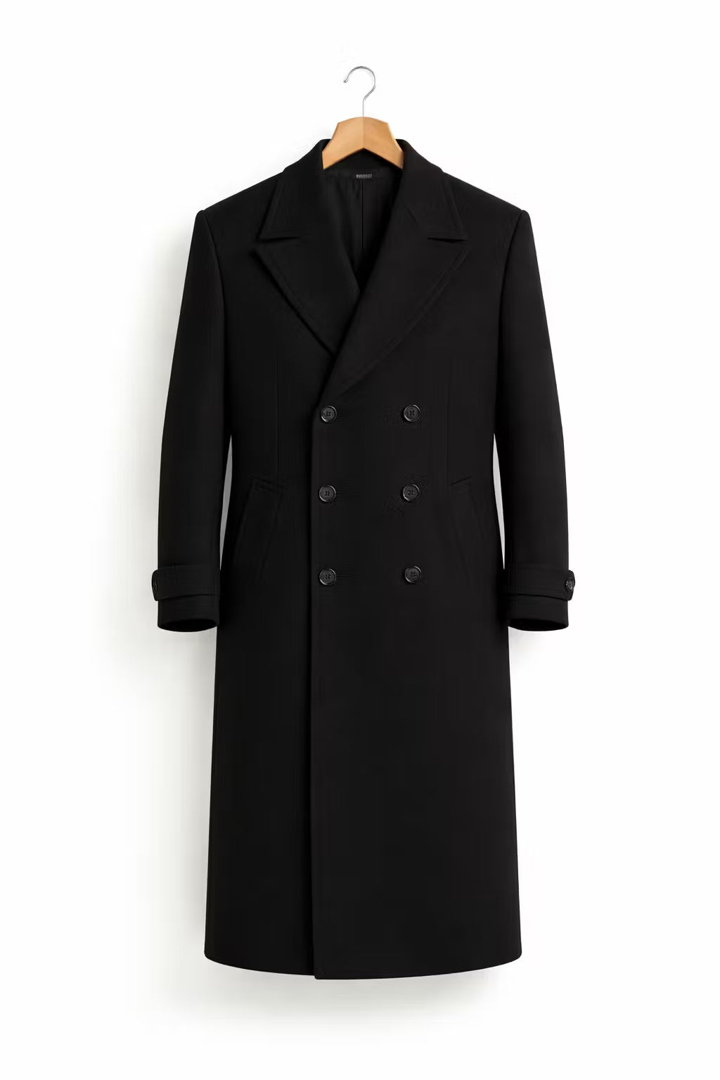 Men’s Navy Long Length Coat With Button Front Notched Collar