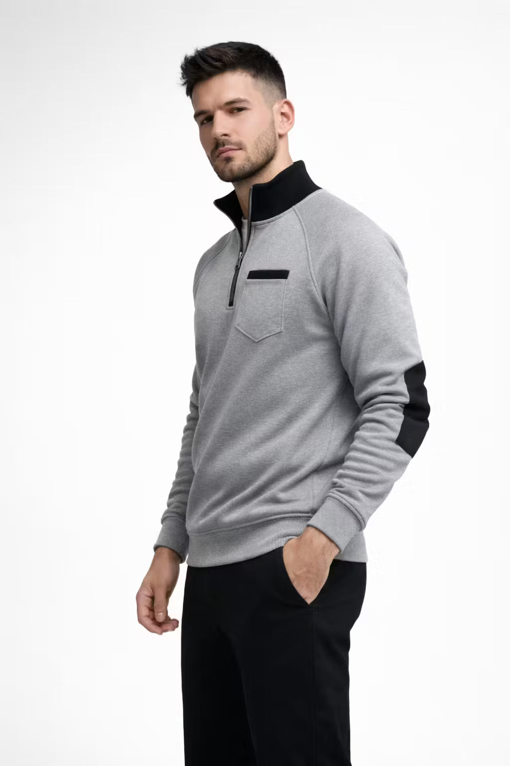 Men’s Quarter Zip Long Sleeve Pullover with Patched Elbows