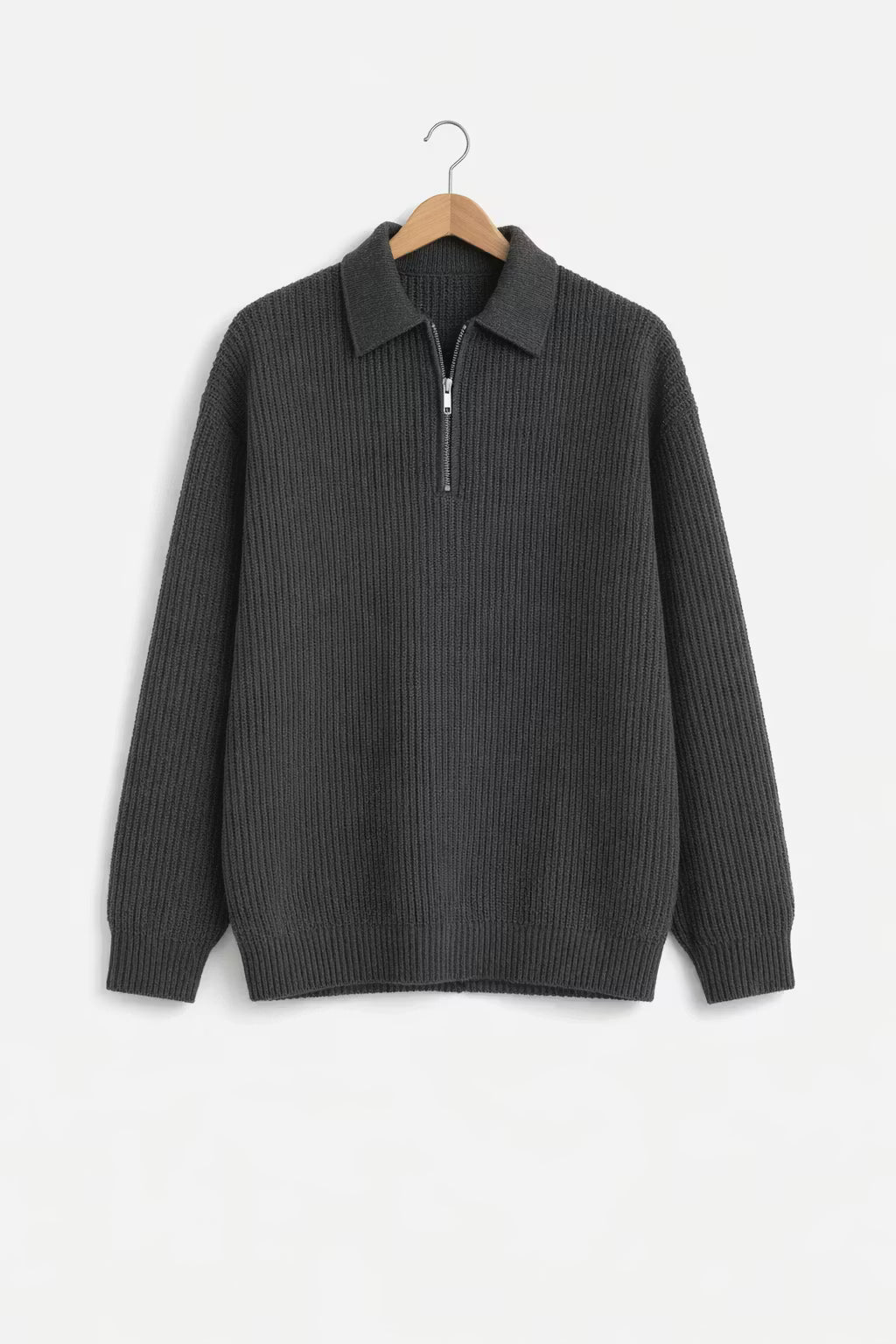 Rib Knit Half-Zip Collared Sweater